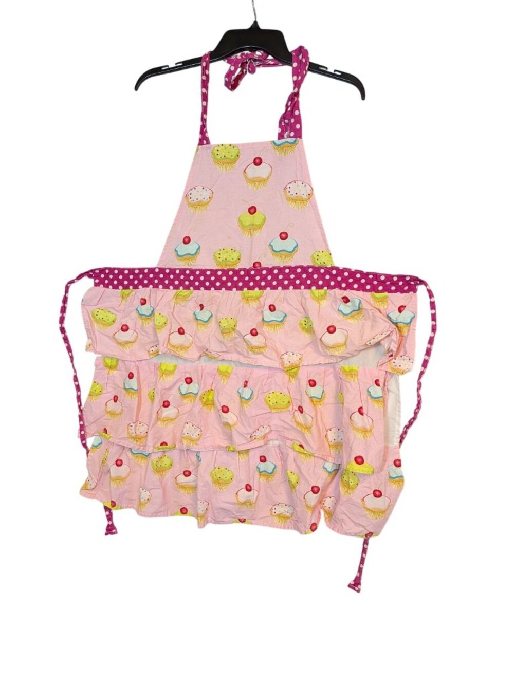 Pink Cupcake Print Apron With Polka Dot Ruffles & Adjustable Neck Tie